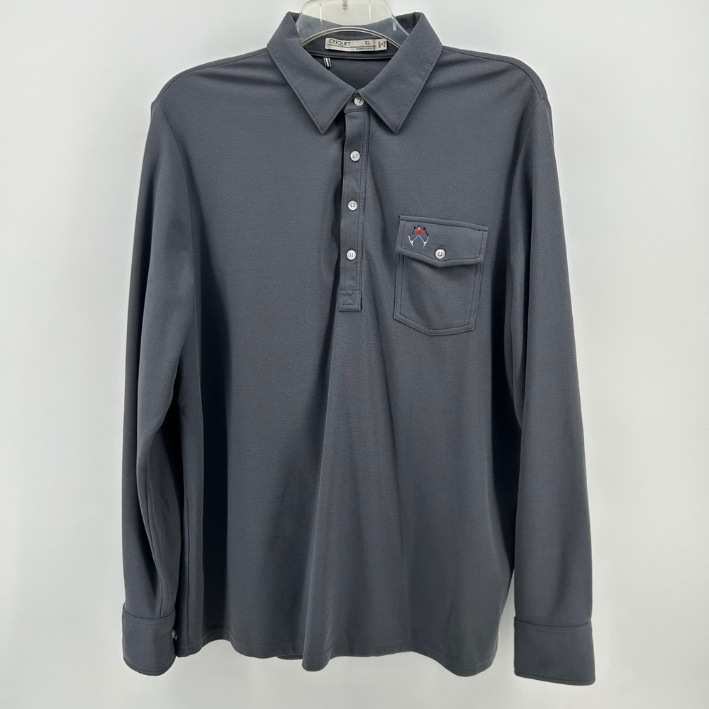 Criquet Long Sleeve Polo Shirt Men XL Gray Pima Cotton Skier Pocket Logo Golf - Picture 2 of 9